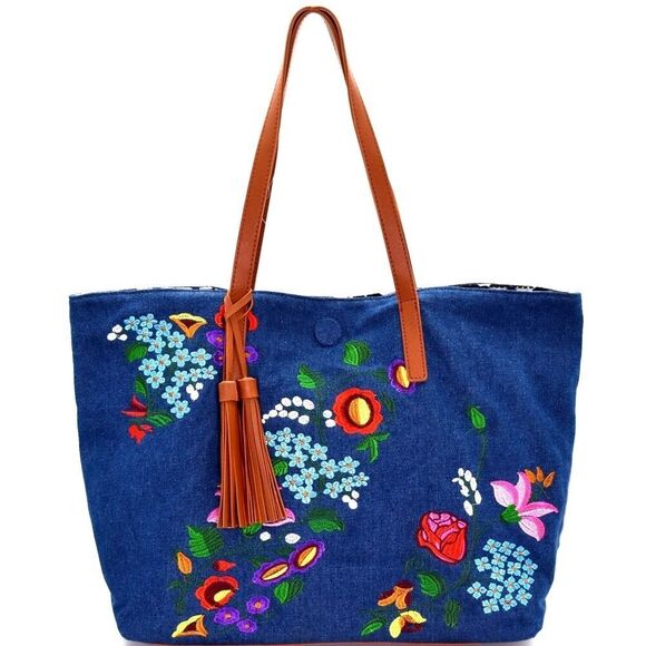 Stylish Floral Embroidered Blue Reversible Tote - Picture 1 of 2